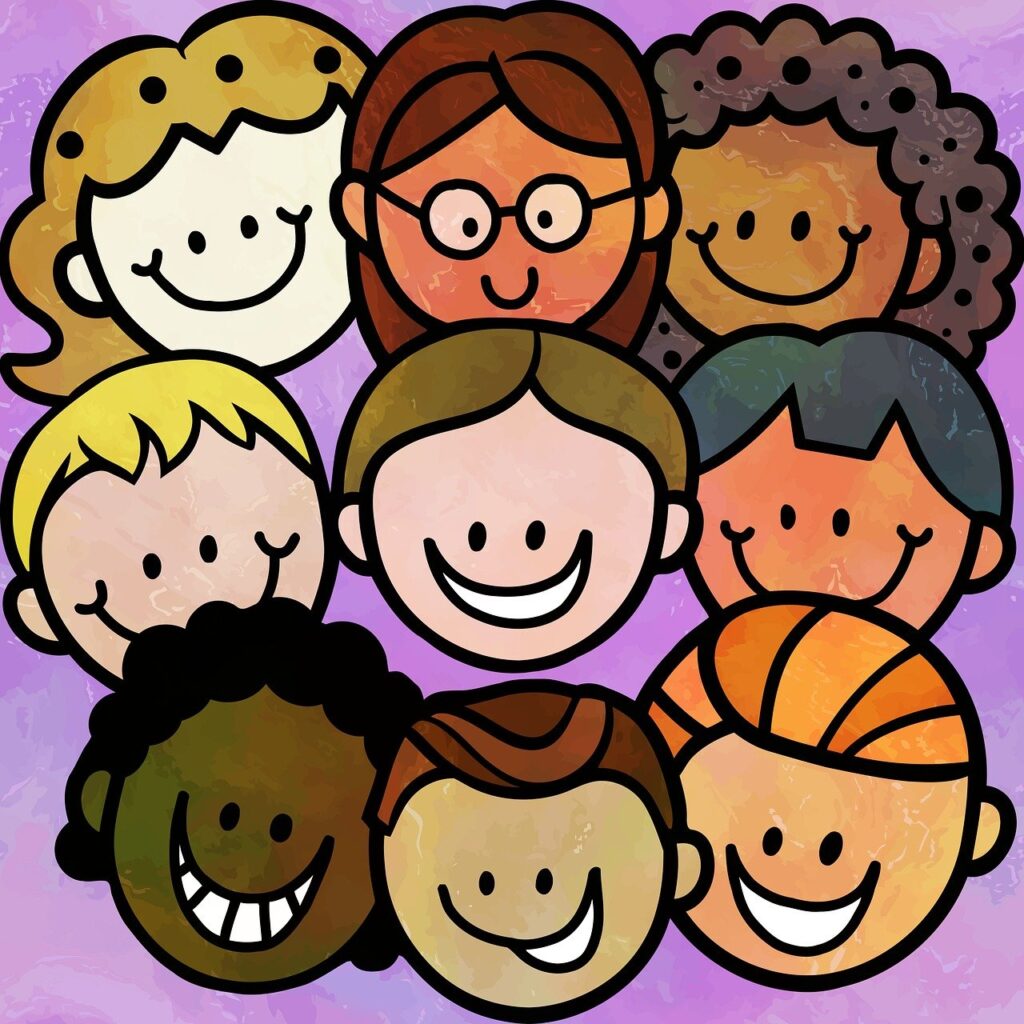 Illustration de neuf visages souriants de dessins animés avec diverses coiffures et couleurs de cheveux, disposés dans une grille sur fond violet.