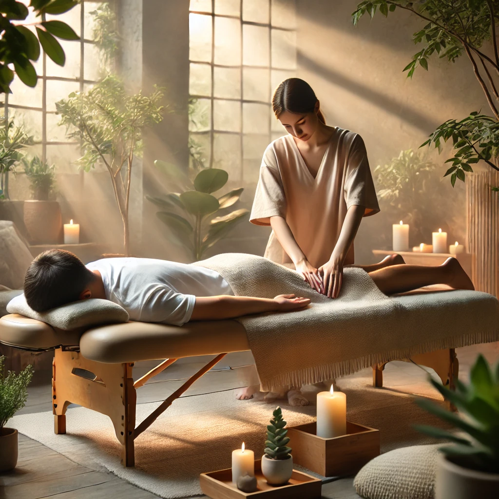 Personne recevant un massage Shiatsu et de la réflexologie dans un environnement apaisant avec des plantes et une lumière douce, illustrant une approche holistique pour la gestion du TDA/TDAH.